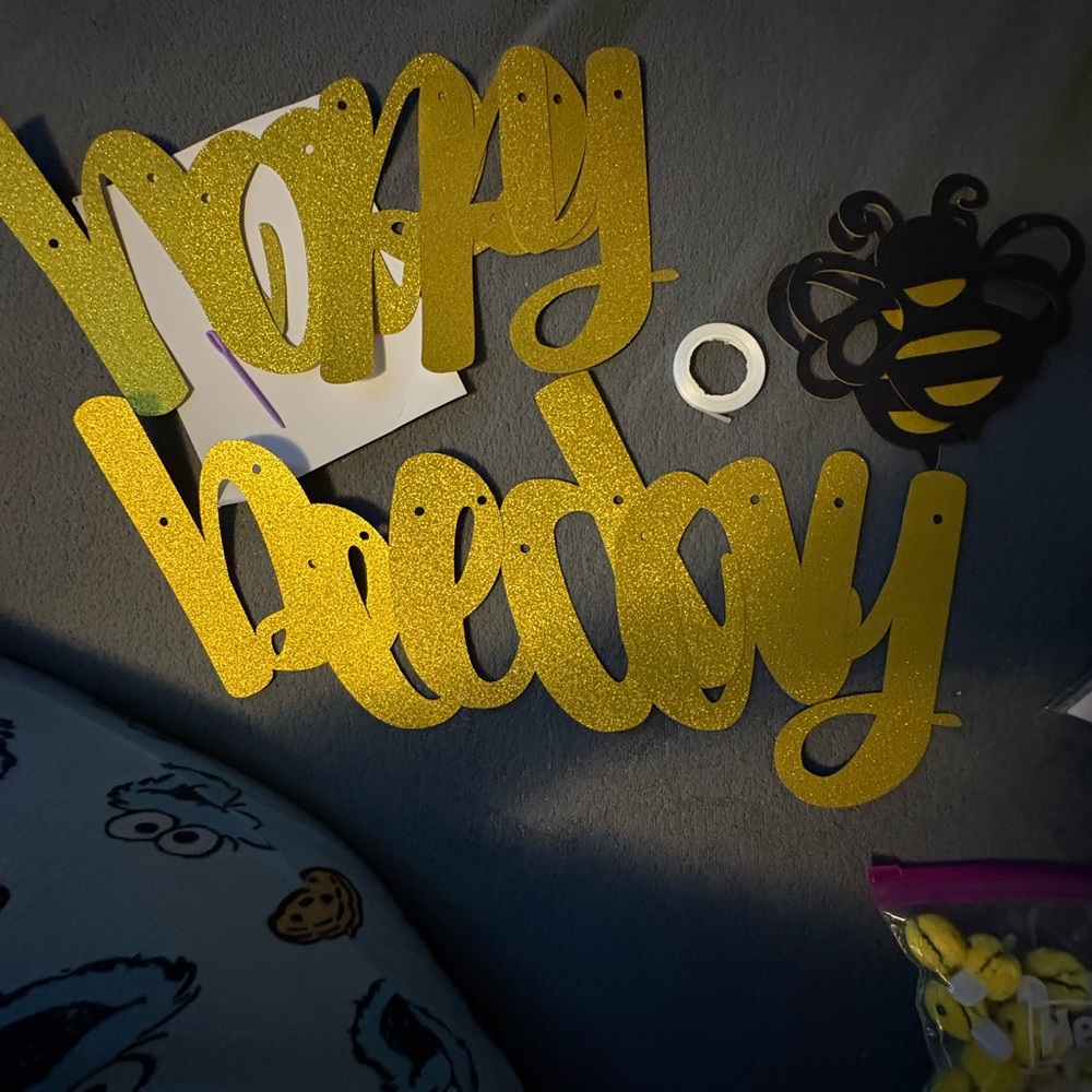 Gold Glitter Happy Bee Day Birthday Sign